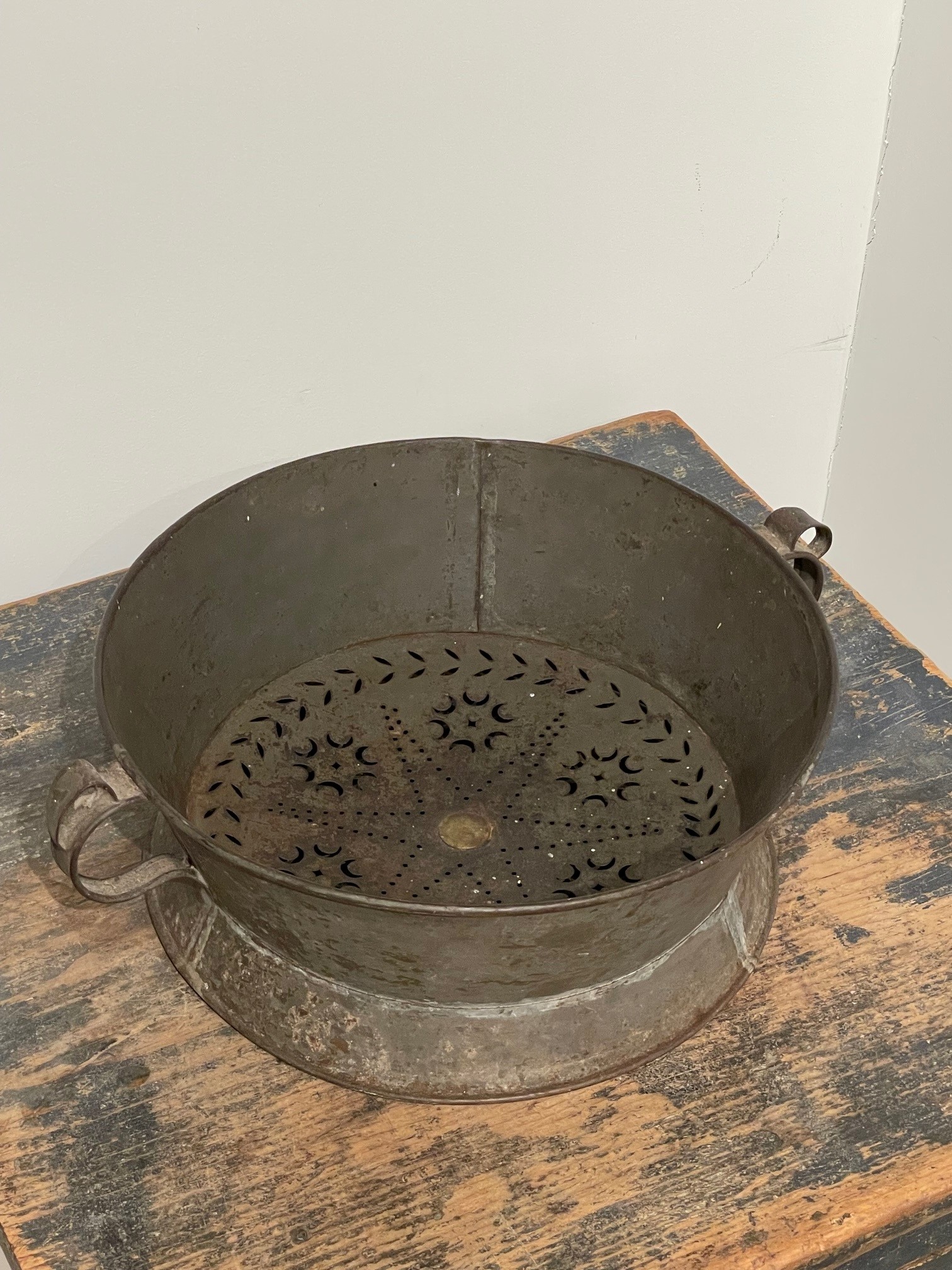 antique punched tin colander rel=