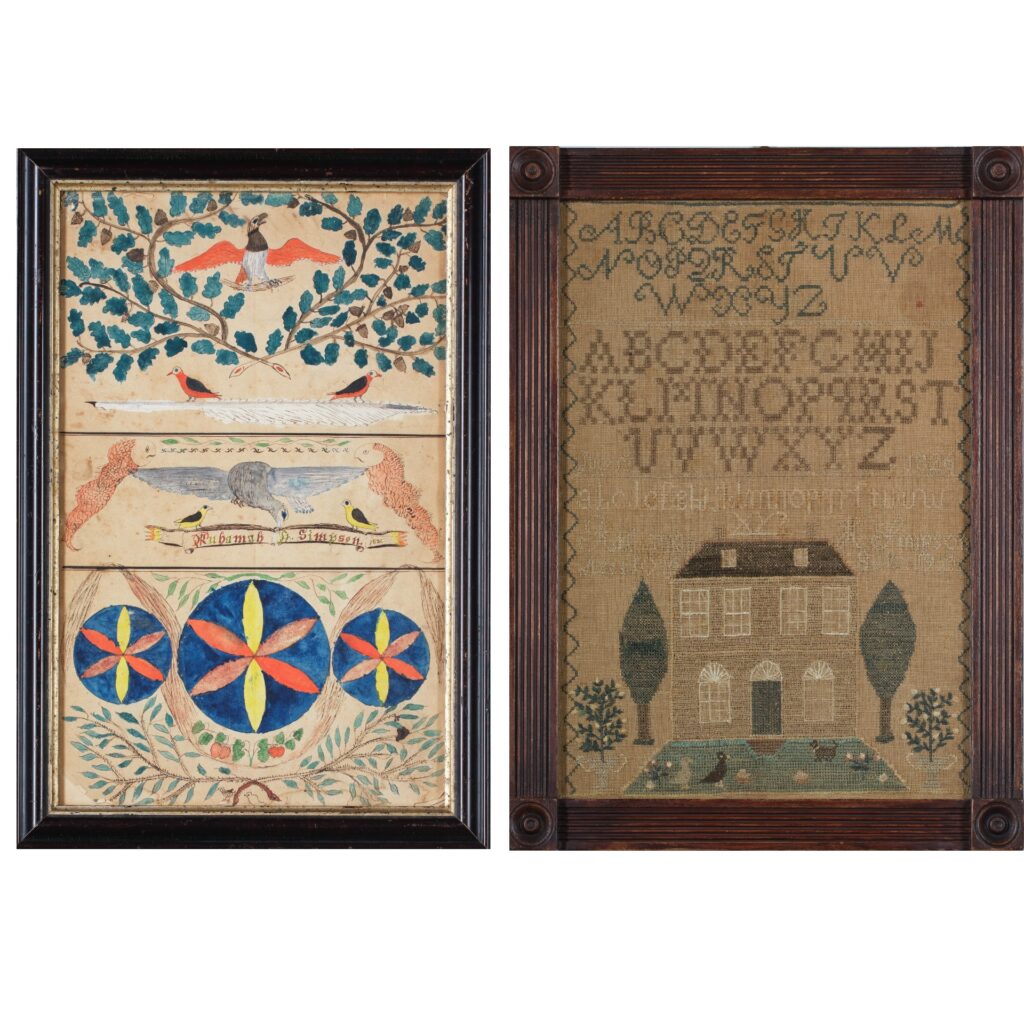 antique exercise book and sampler