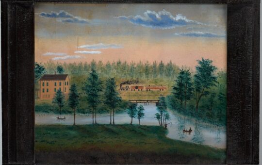 landscape house train watercolor